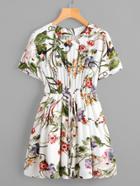Romwe All Over Foliage Print Drawstring Swing Dress