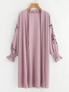 Romwe Blossom Embroidery Patch Shirred Cuff Duster Coat