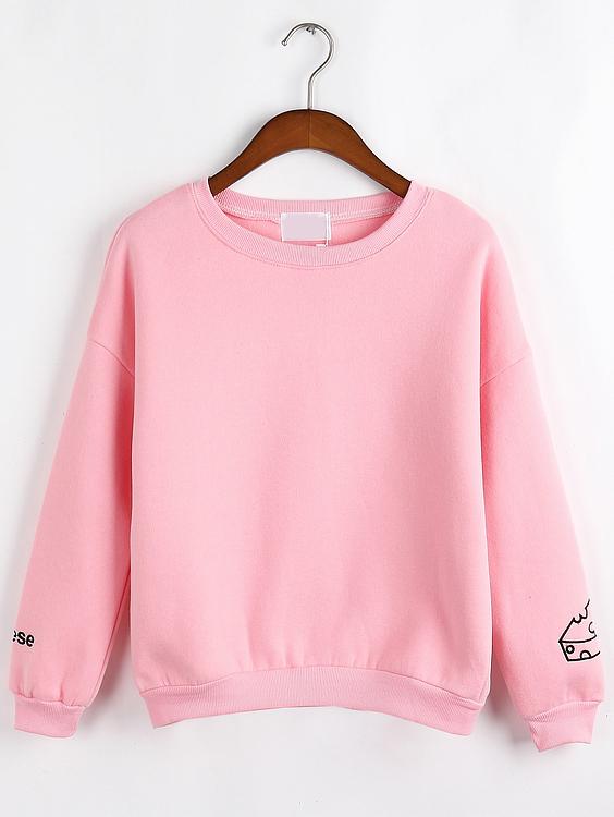 Romwe Women Pizza Embroidered Pink Sweatshirt