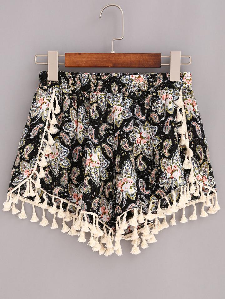 Romwe Tassel Trimmed Paisley Print Shorts - Black