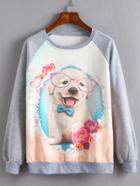 Romwe Contrast Dog Print Raglan Sleeve Sweatshirt