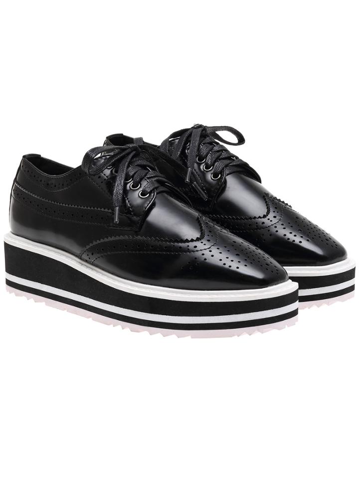 Romwe Black Pierced Pu Lace Up Heavy-bottomed Flats