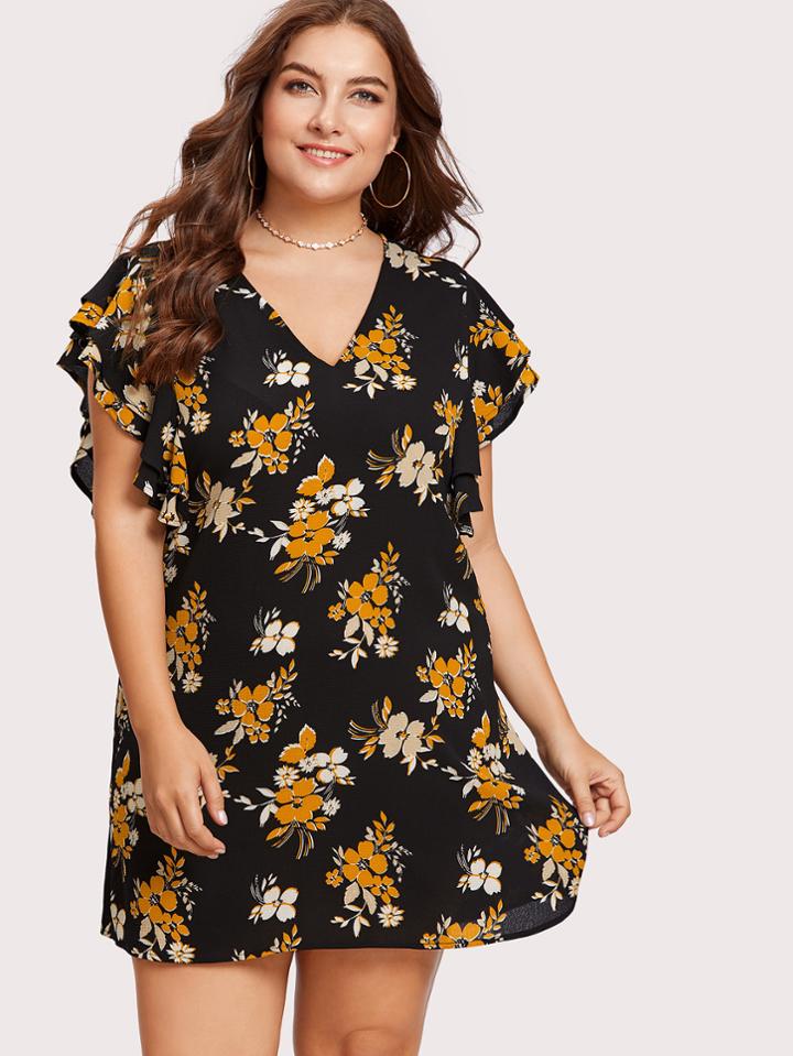 Romwe Layered Flutter Sleeve Floral Dress