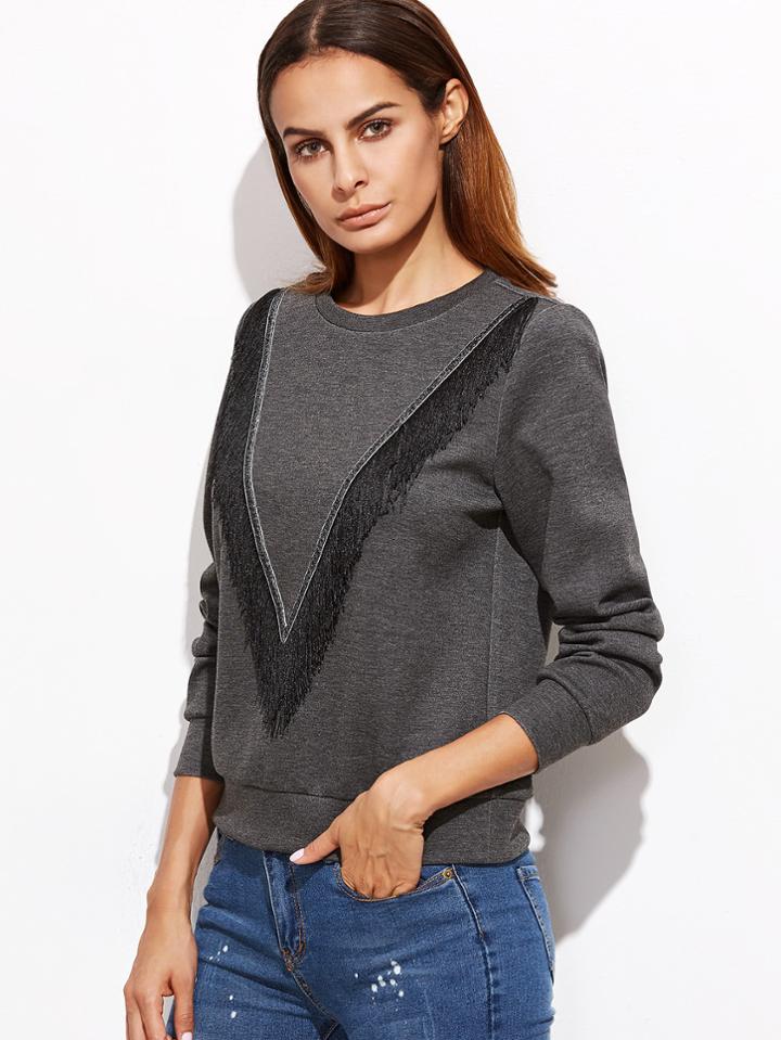 Romwe Heather Grey Fringe Trim Sweatshirt