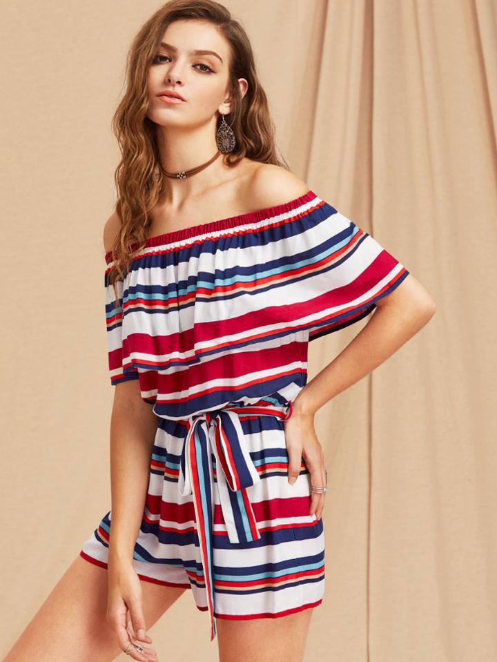 Romwe Flounce Bardot Neck Self Tie Striped Playsuit