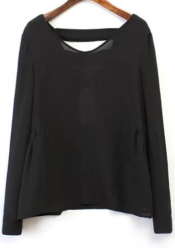 Romwe Black V Neck Long Sleeve Backless Blouse