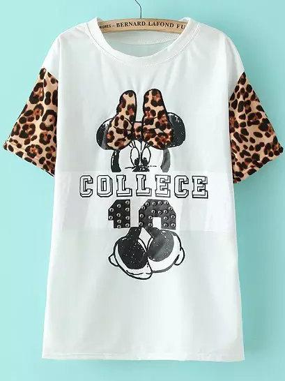 Romwe Contrast Leopard Mickey Print White T-shirt
