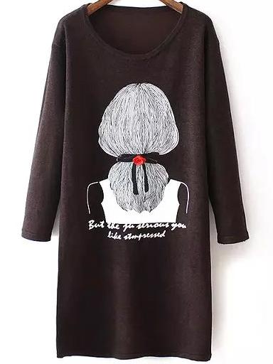 Romwe Cartoon Print High Low Coffee Sweater Dress