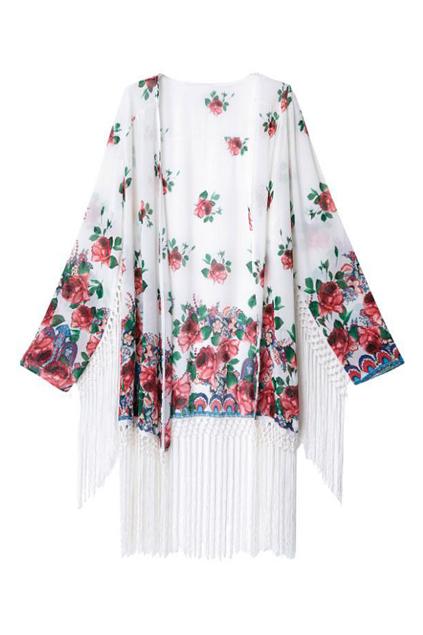 Romwe Rowme Floral Print Tassels Hem Buttonless White Cardigan