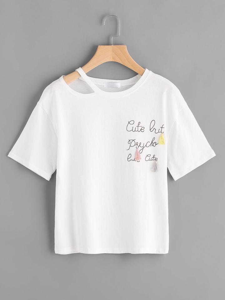 Romwe Slogan Print Ripped Neck Tee With Tassel Detail