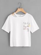 Romwe Slogan Print Ripped Neck Tee With Tassel Detail
