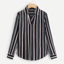 Romwe Striped V Neck Blouse