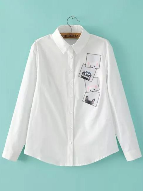 Romwe Dog Print Embroidered White Blouse