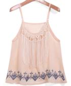 Romwe Spaghetti Strap Bead Tassel Embroidered Apricot Cami Top