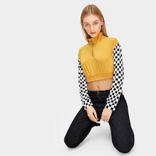 Romwe Plaid Panel Sleeve Quarter Zip Sweatshirt