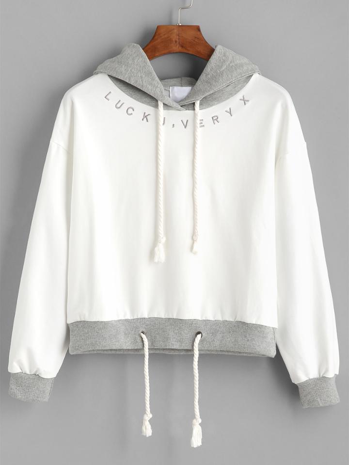 Romwe Beige Contrast Drawstring Hooded Sweatshirt