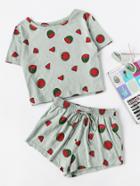Romwe Allover Watermelon Print Tee And Smocked Waist Shorts Set