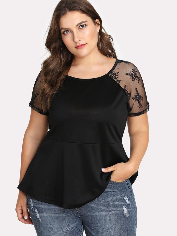 Romwe Lace Raglan Sleeve Peplum Top