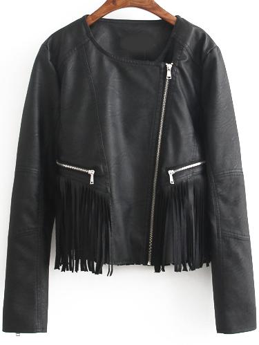 Romwe Round Neck Zipper Fringe Slim Jacket