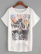 Romwe White Graphic Print High Low Dolman Sleeve T-shirt