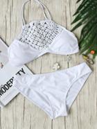 Romwe White Crochet Detail Halter Bikini Set