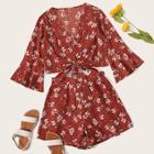 Romwe Ditsy Floral Flounce Sleeve Knot Hem Top With Shorts