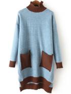 Romwe Ruffle Collar Dip Hem Split Side Contrast Pockets Pale Blue Sweater Dress