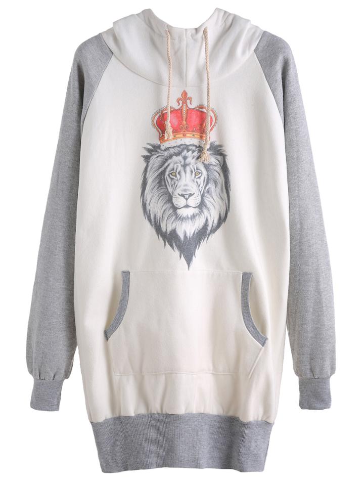 Romwe Color Block Lion Print Raglan Sleeve Hooded Sweatshirt Dress