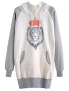 Romwe Color Block Lion Print Raglan Sleeve Hooded Sweatshirt Dress