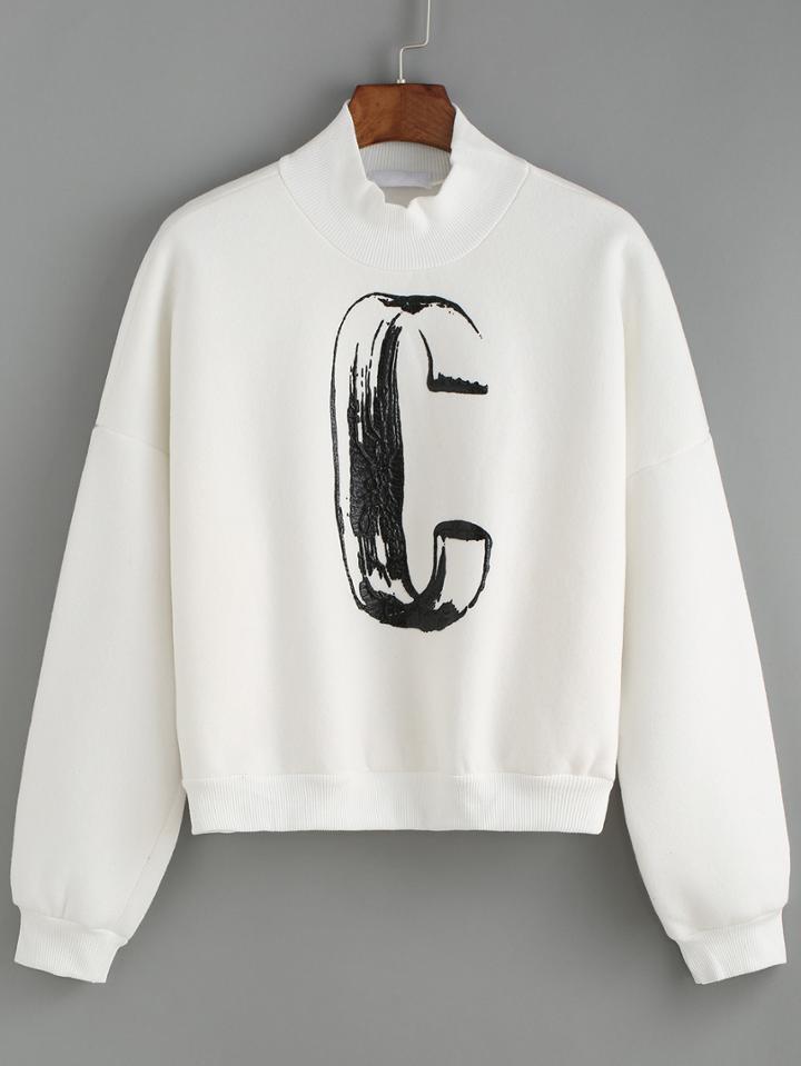 Romwe High Neck Letter Print White Sweatshirt