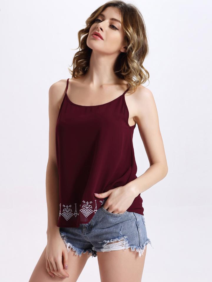 Romwe Burgundy Embroidered Chiffon Cami Top