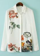 Romwe White Lapel Long Sleeve Floral Loose Blouse