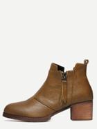 Romwe Brown Faux Leather Side Zipper Cork Heeled Ankle Boots