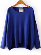 Romwe Round Neck High Low Royal Blue Sweater