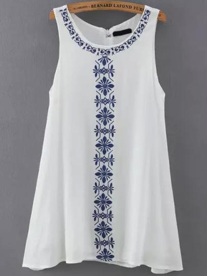 Romwe White Sleeveless Embroidered Loose Dress