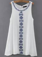 Romwe White Sleeveless Embroidered Loose Dress