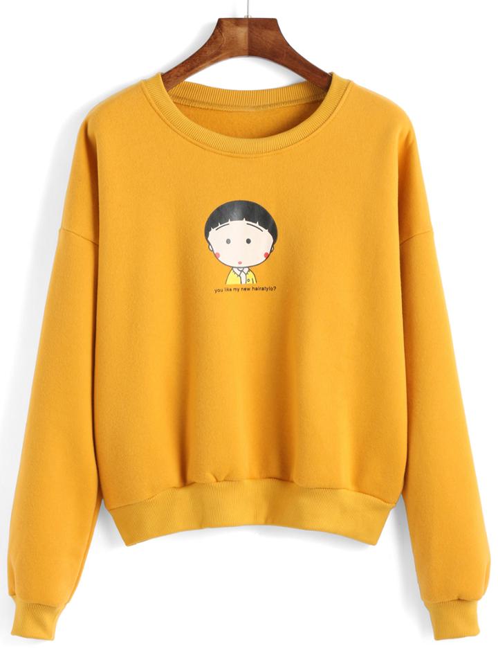 Romwe Cartoon Print Loose Yellow Sweatshirt
