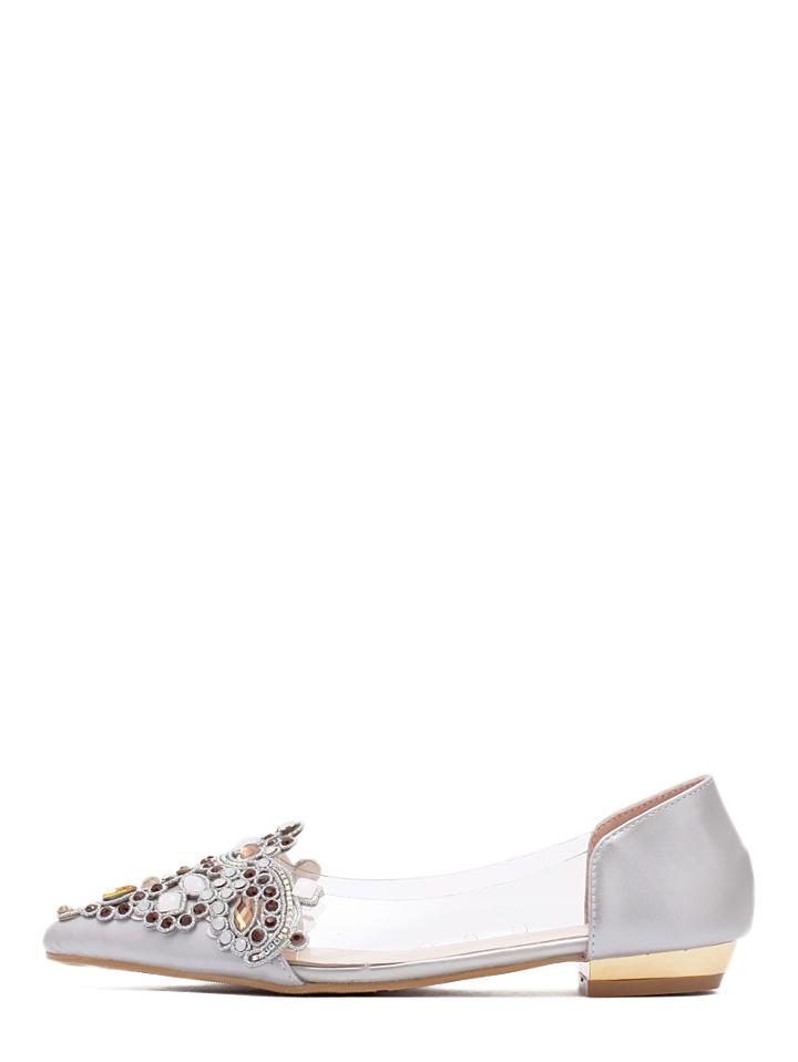 Romwe Grey Pointed Toe Rhinestone Bead Flats