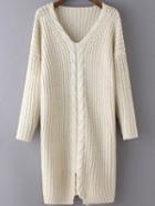 Romwe V Neck Split Front Beige Sweater Dress