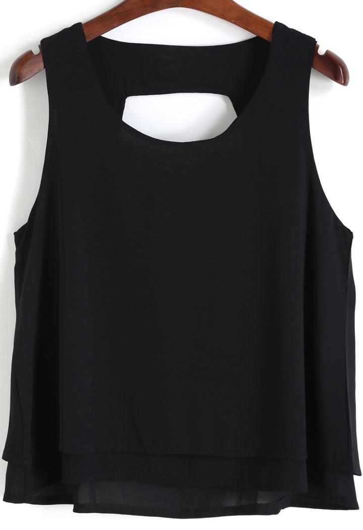 Romwe Black Scoop Neck Backless Chiffon Tank Top