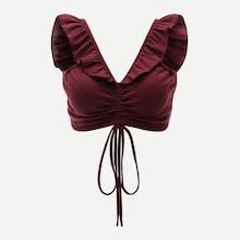 Romwe Drawstring Ruffle Trim Ribbed Top
