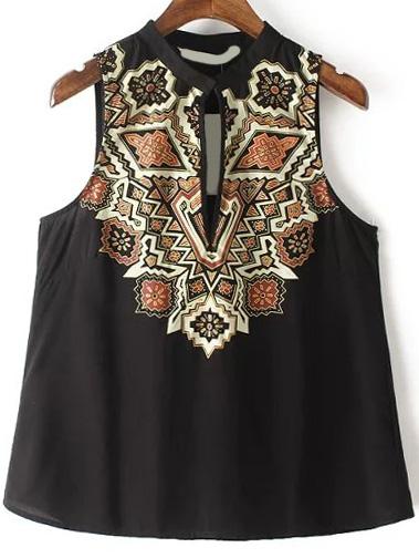 Romwe Vintage Print Keyhole Tank Top