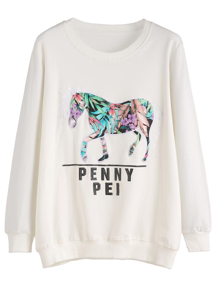 Romwe Ivory Flower Horse Print Sweatshirt