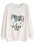 Romwe Ivory Flower Horse Print Sweatshirt