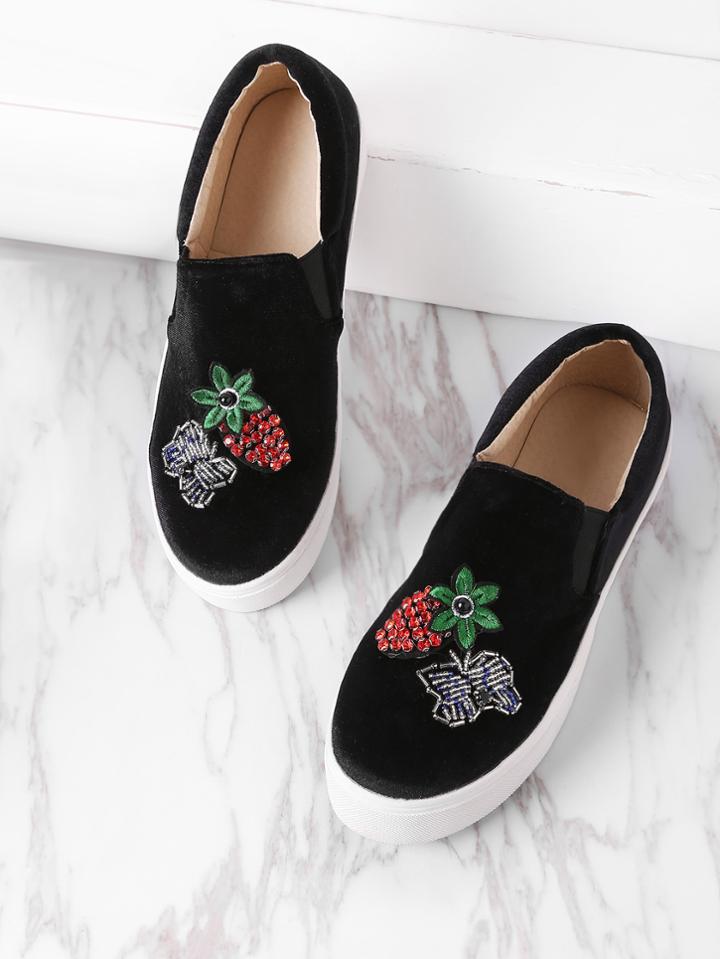 Romwe Pineapple And Butterfly Pattern Flatform Velvet Shoes