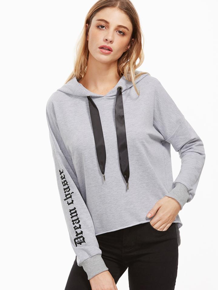 Romwe Heather Grey Letter Print High Low Hoodie