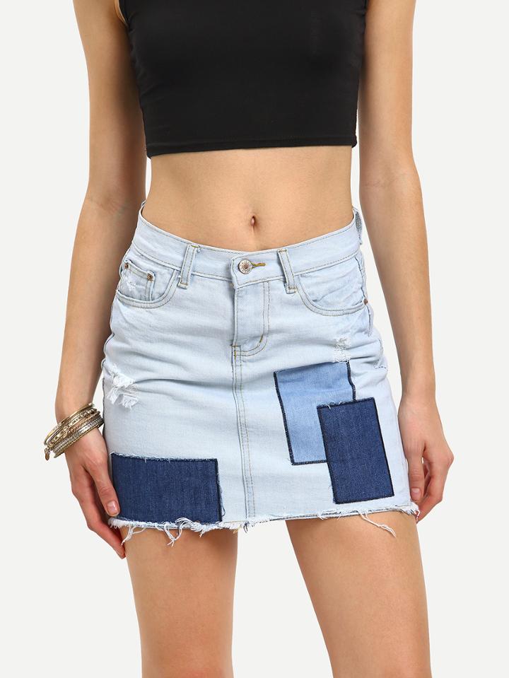Romwe Frayed Patch Denim Skirt
