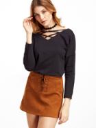 Romwe Black V Neck Lattice Front T-shirt