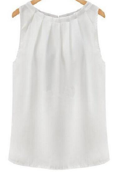 Romwe Round Neck Pintucked Chiffon White Top