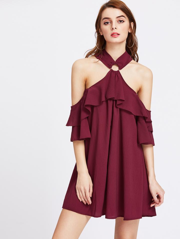 Romwe O-ring Frill Trim Halter Dress